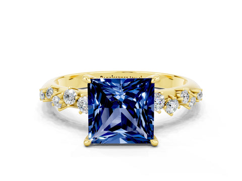 Yellow gold Princess Cut Blue Sapphire Cluster Side Stone Solitaire Ring with Prong Setting_24