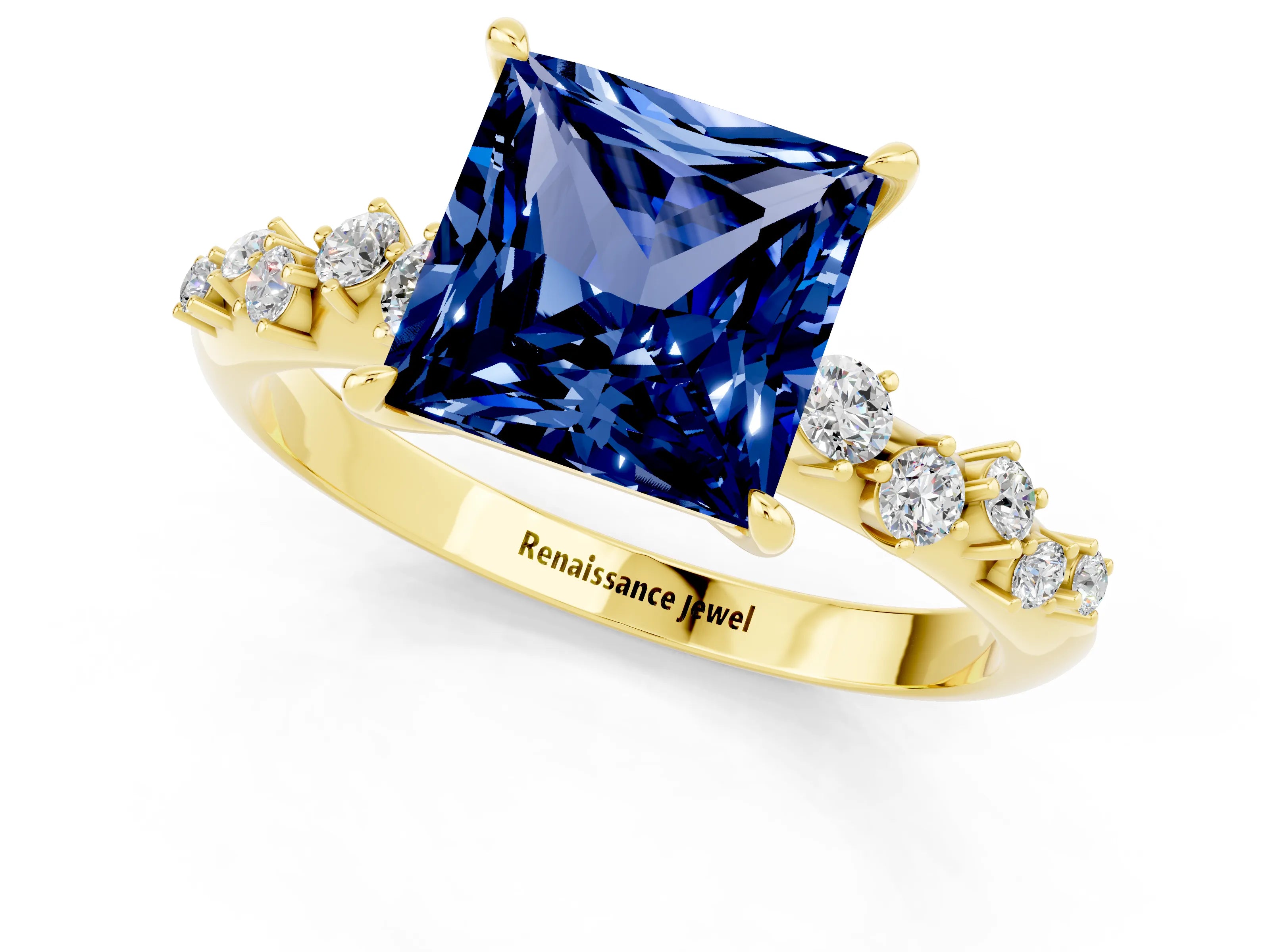 Yellow gold Princess Cut Blue Sapphire Cluster Side Stone Solitaire Ring with Prong Setting_25