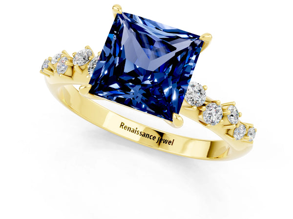 Yellow gold Princess Cut Blue Sapphire Cluster Side Stone Solitaire Ring with Prong Setting