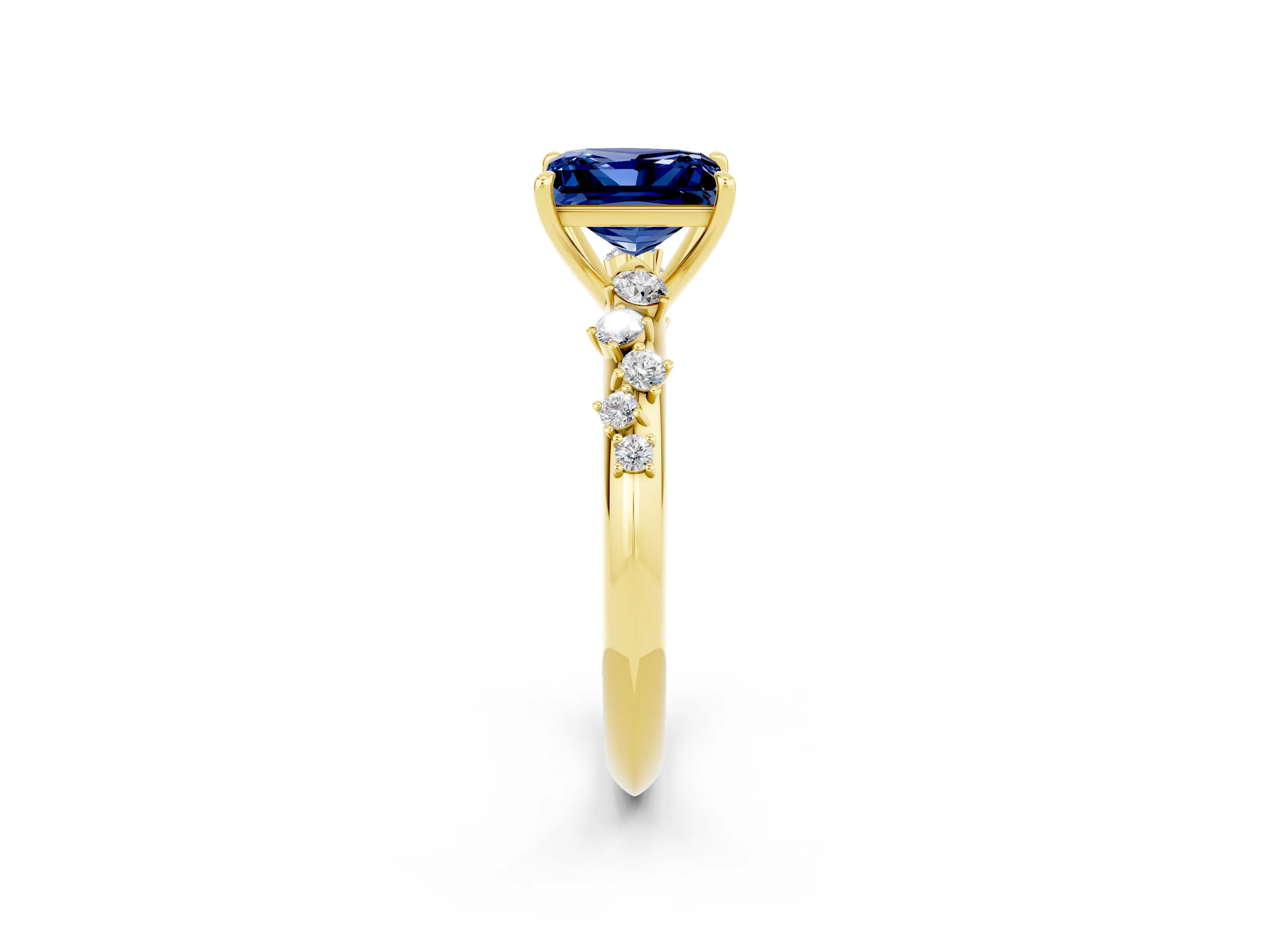 Yellow gold Princess Cut Blue Sapphire Cluster Side Stone Solitaire Ring with Prong Setting_26