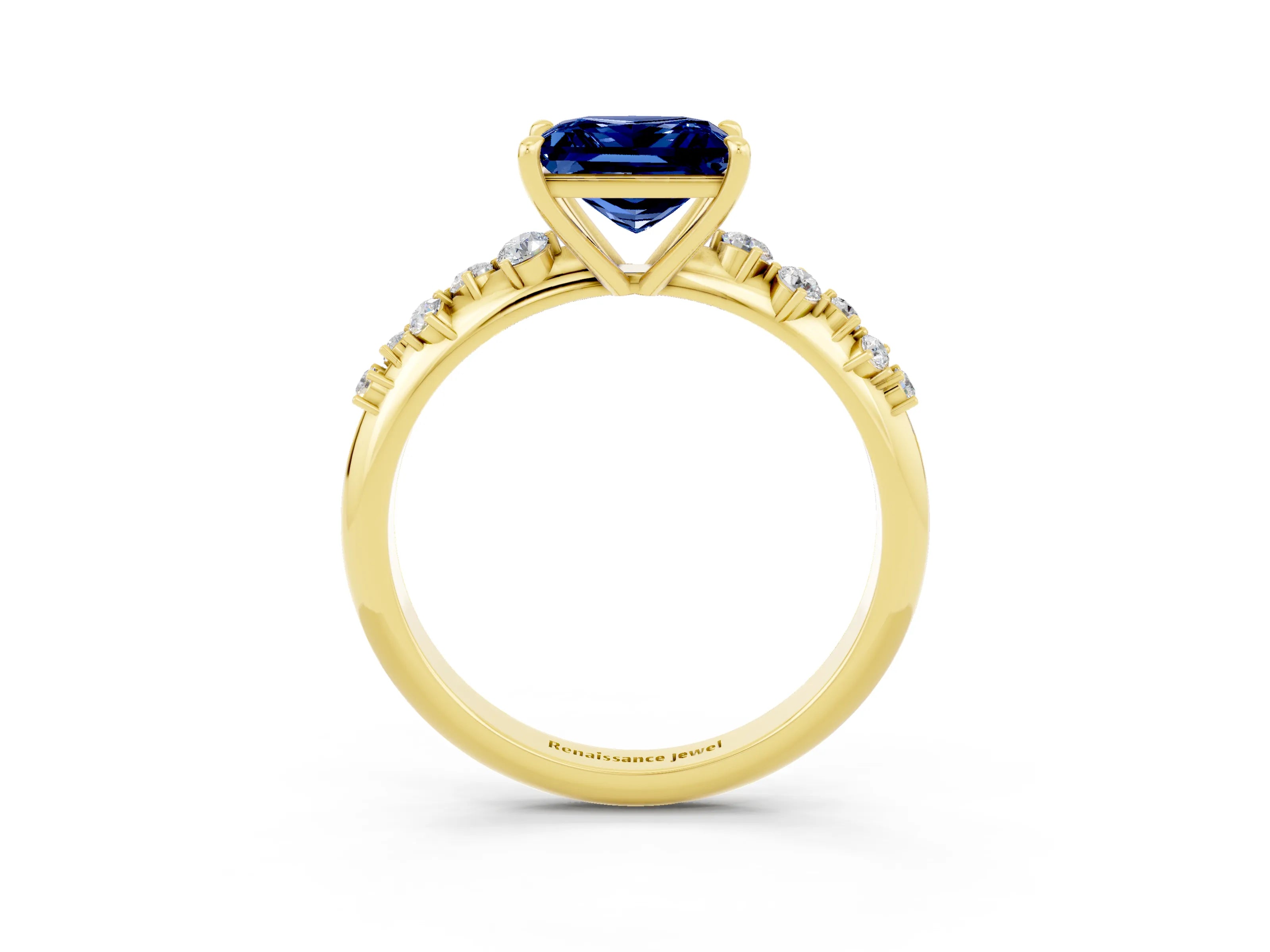 Yellow gold Princess Cut Blue Sapphire Cluster Side Stone Solitaire Ring with Prong Setting_27
