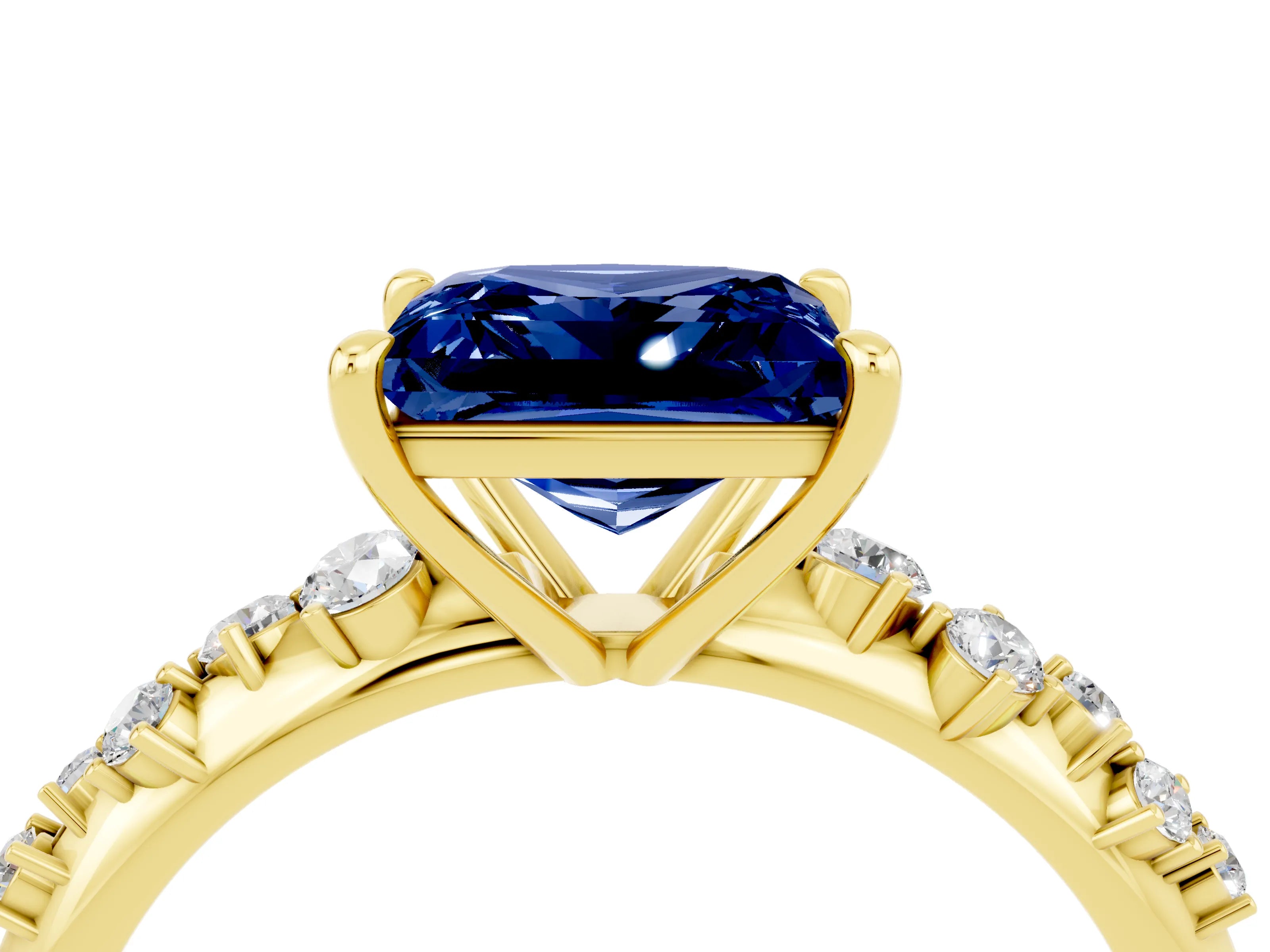 Yellow gold Princess Cut Blue Sapphire Cluster Side Stone Solitaire Ring with Prong Setting_28