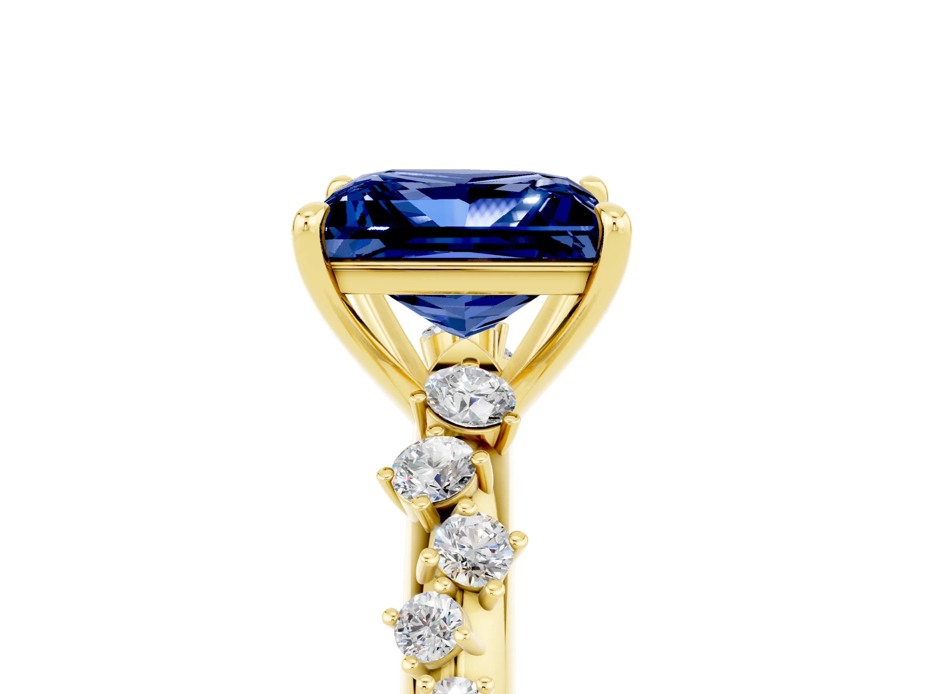 Yellow gold Princess Cut Blue Sapphire Cluster Side Stone Solitaire Ring with Prong Setting_29