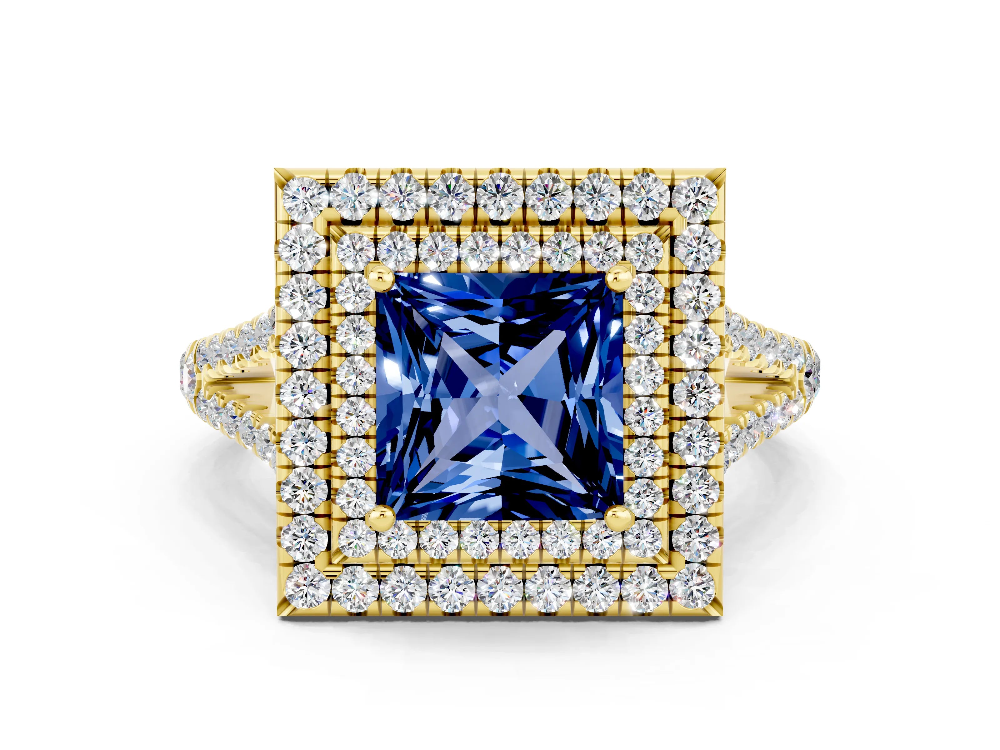 Yellow gold Princess Cut Blue Sapphire Double Halo Ring with Pavé Band and Prong Setting_12