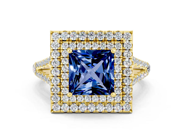 Yellow gold Princess Cut Blue Sapphire Double Halo Ring with Pavé Band and Prong Setting