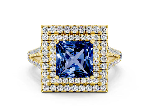 Yellow gold Princess Cut Blue Sapphire Double Halo Ring with Pavé Band and Prong Setting_12