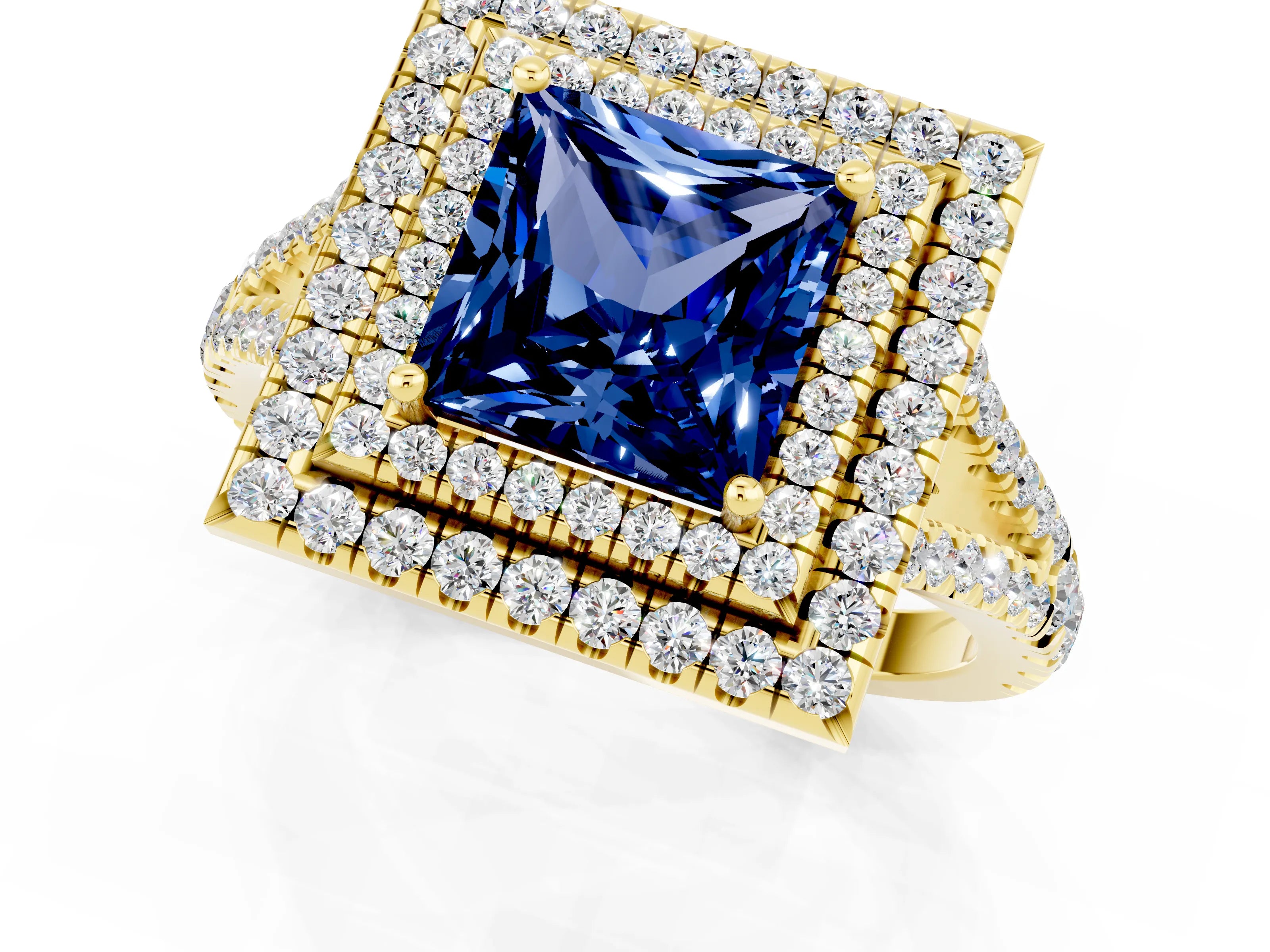 Yellow gold Princess Cut Blue Sapphire Double Halo Ring with Pavé Band and Prong Setting_13