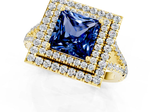 Yellow gold Princess Cut Blue Sapphire Double Halo Ring with Pavé Band and Prong Setting_13