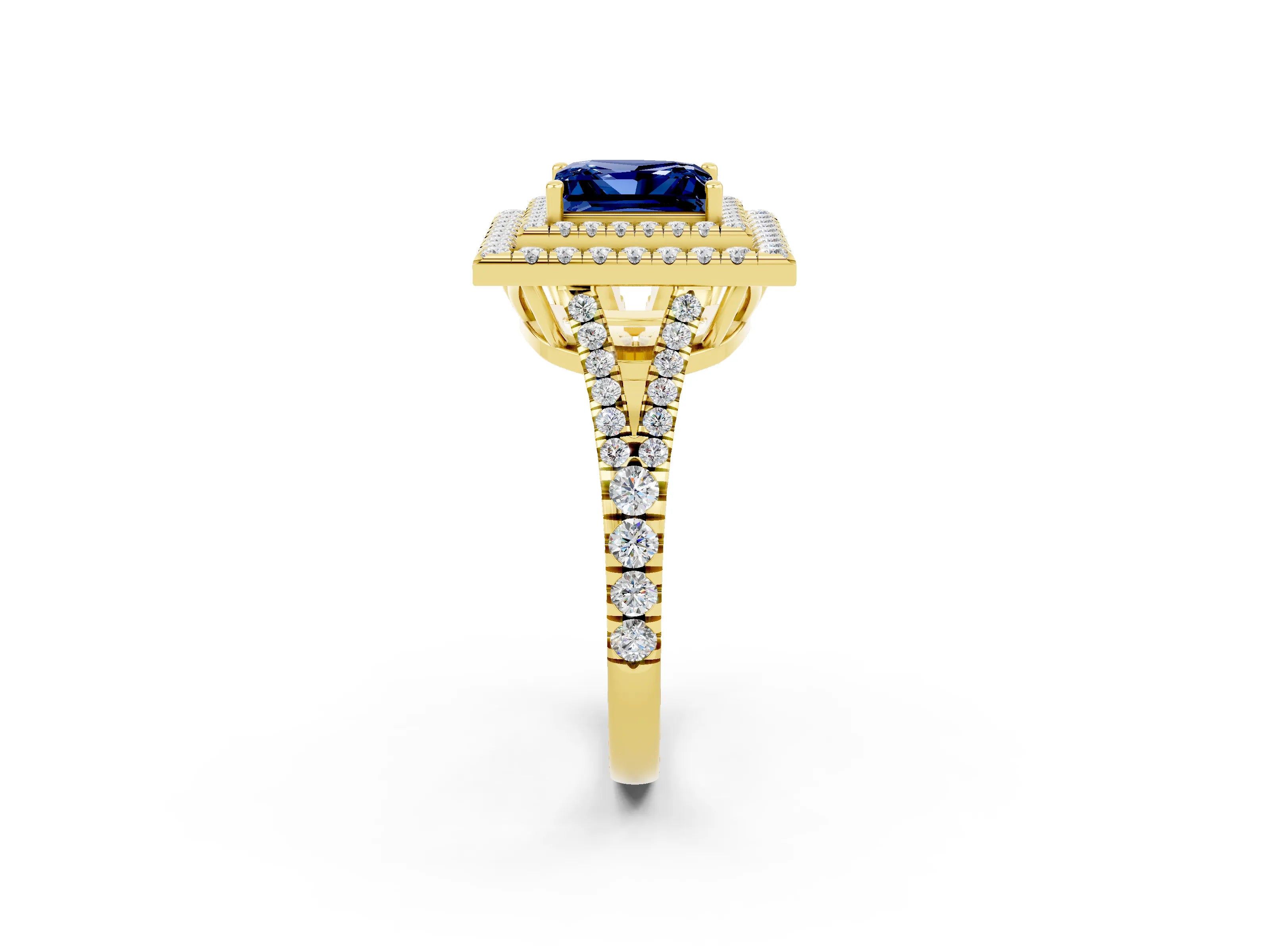 Yellow gold Princess Cut Blue Sapphire Double Halo Ring with Pavé Band and Prong Setting_14