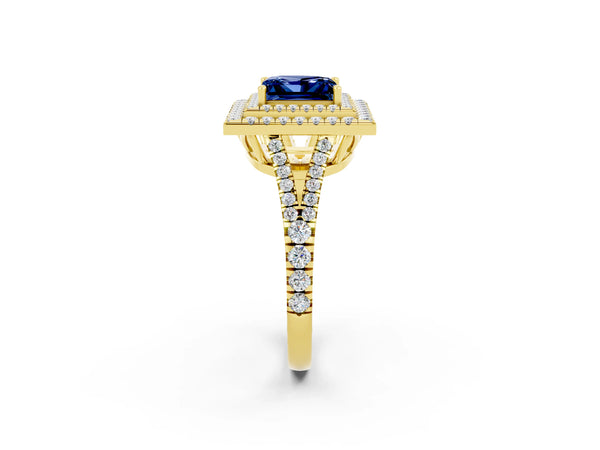 Yellow gold Princess Cut Blue Sapphire Double Halo Ring with Pavé Band and Prong Setting