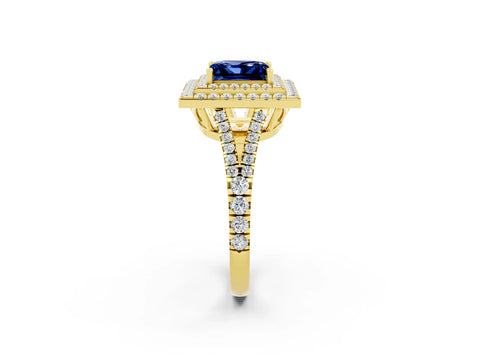 Yellow gold Princess Cut Blue Sapphire Double Halo Ring with Pavé Band and Prong Setting_14