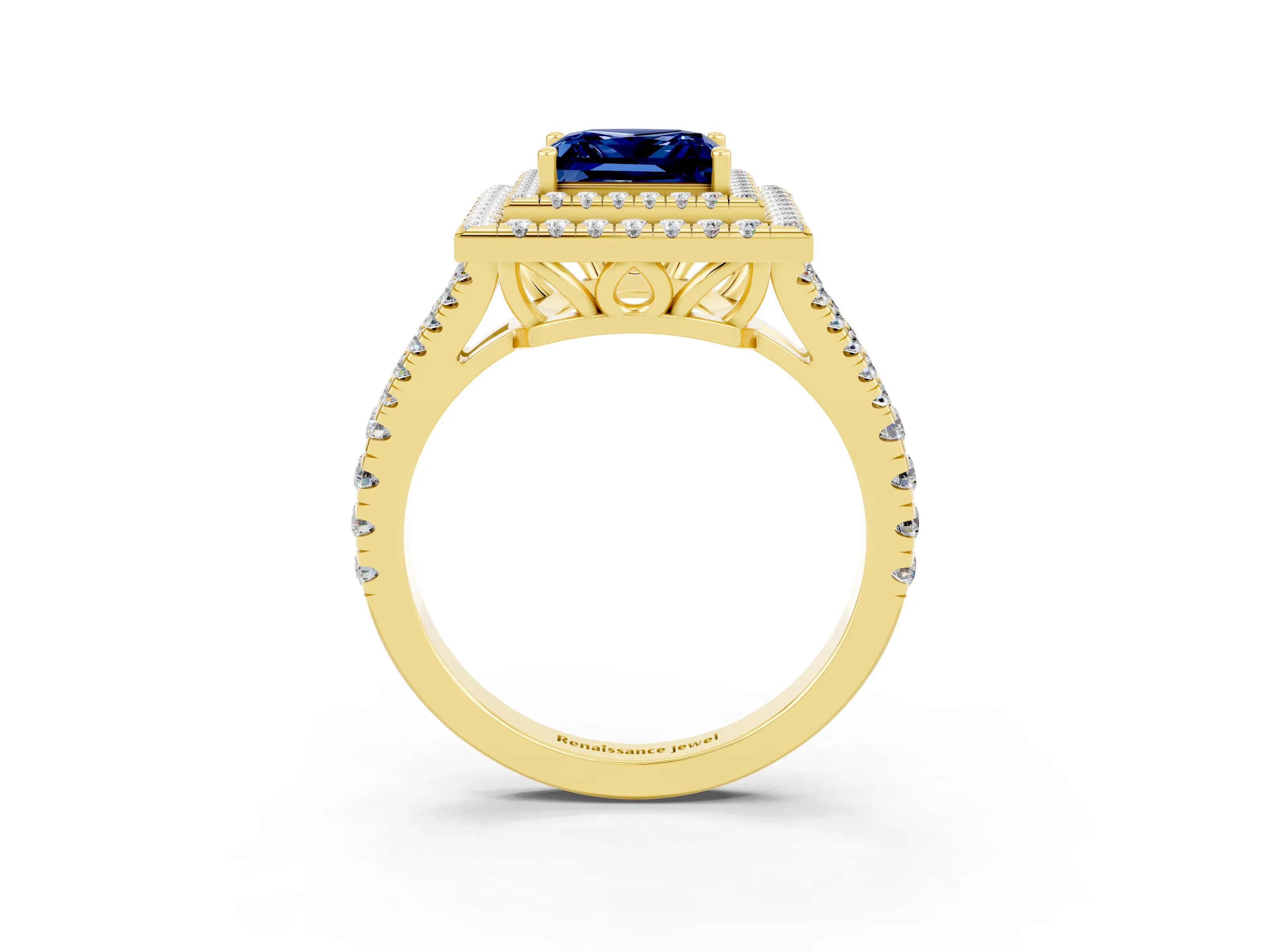 Yellow gold Princess Cut Blue Sapphire Double Halo Ring with Pavé Band and Prong Setting_15