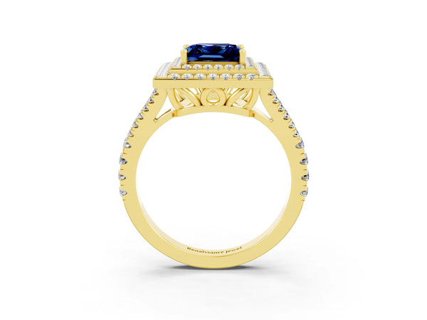 Yellow gold Princess Cut Blue Sapphire Double Halo Ring with Pavé Band and Prong Setting