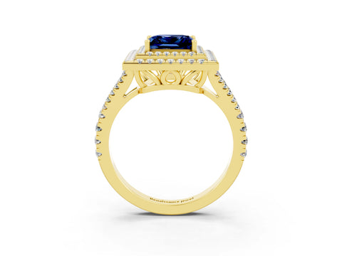 Yellow gold Princess Cut Blue Sapphire Double Halo Ring with Pavé Band and Prong Setting_15