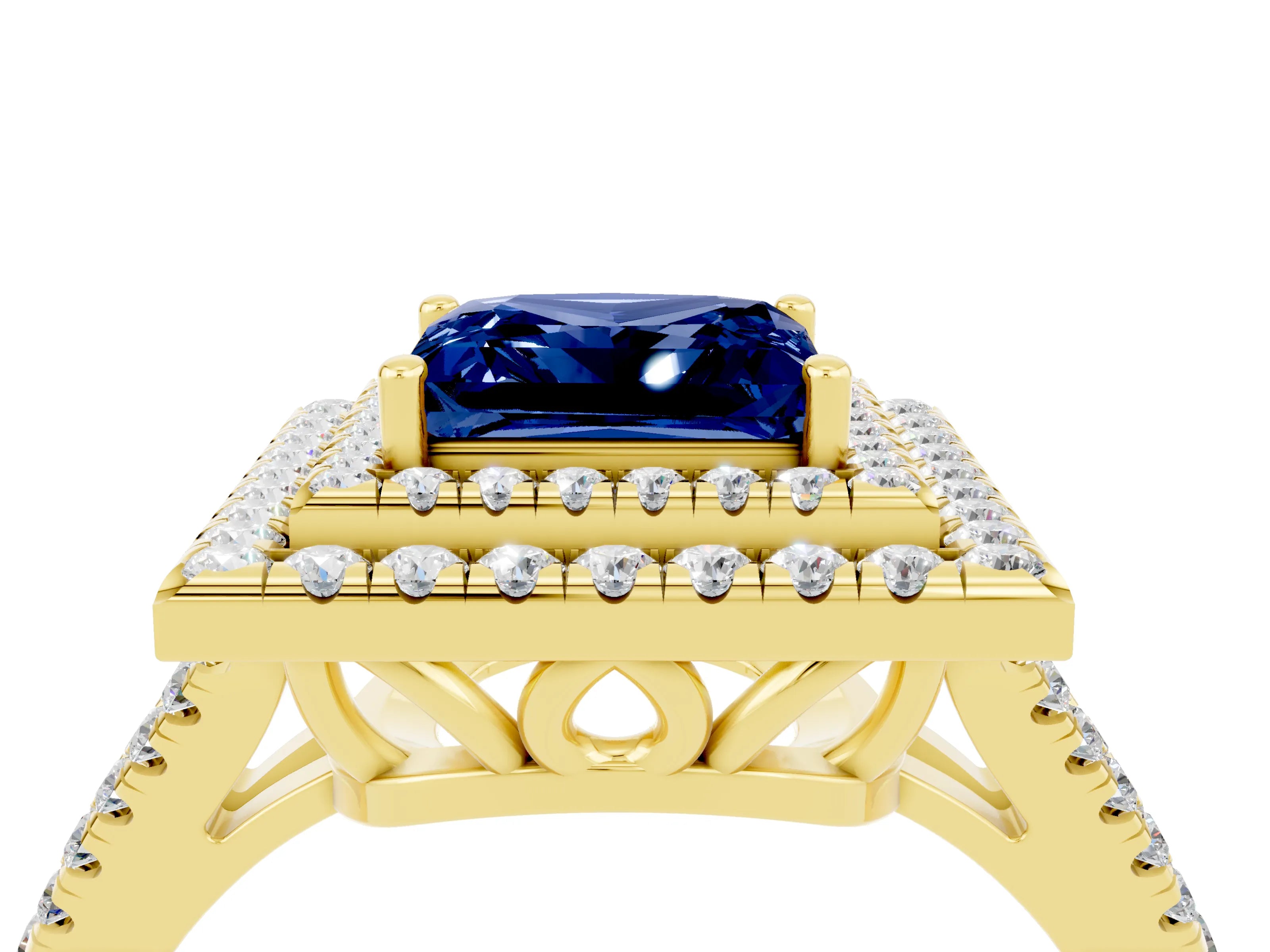 Yellow gold Princess Cut Blue Sapphire Double Halo Ring with Pavé Band and Prong Setting_16
