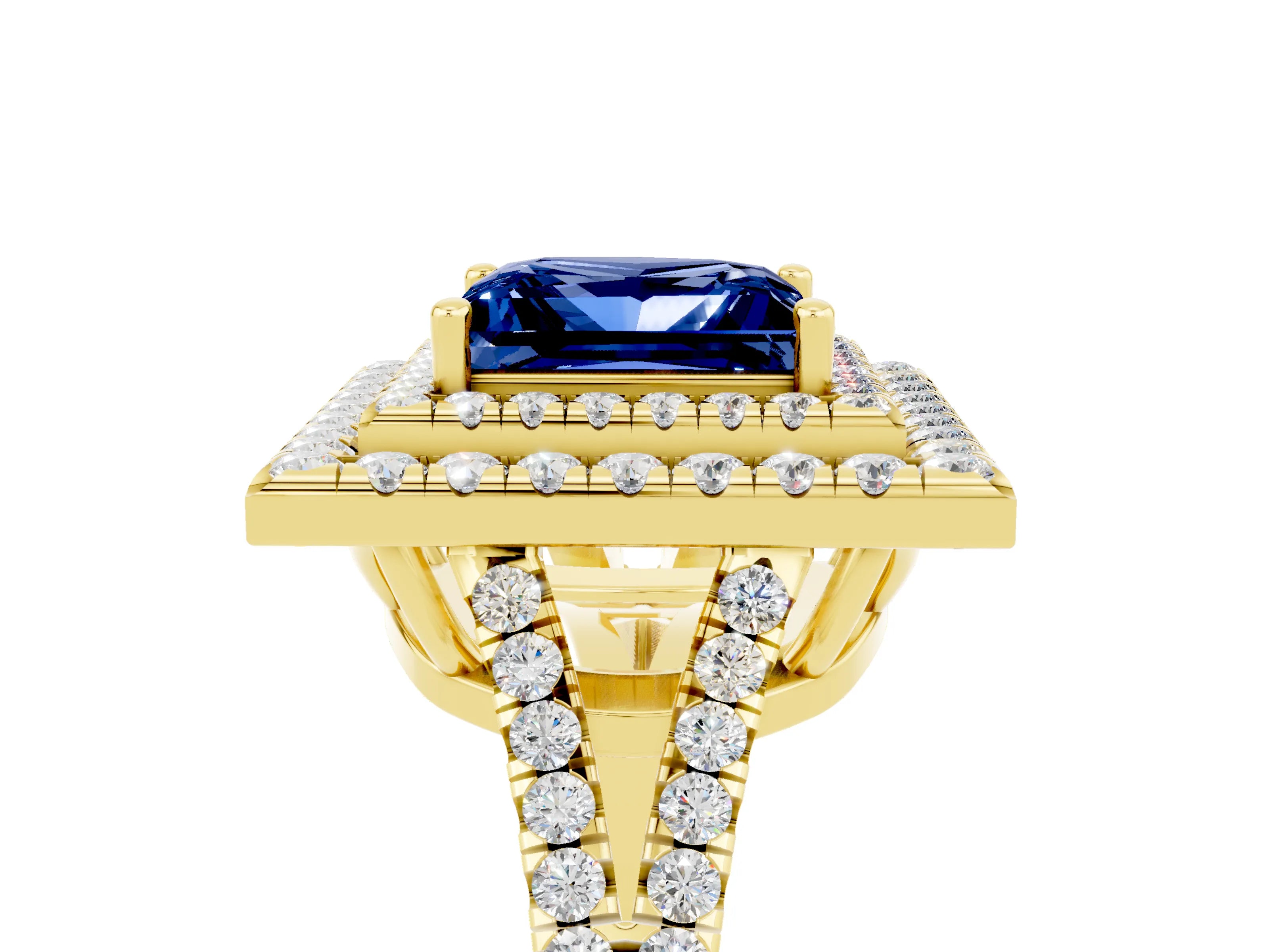 Yellow gold Princess Cut Blue Sapphire Double Halo Ring with Pavé Band and Prong Setting_17