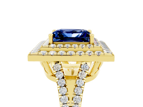 Yellow gold Princess Cut Blue Sapphire Double Halo Ring with Pavé Band and Prong Setting_17