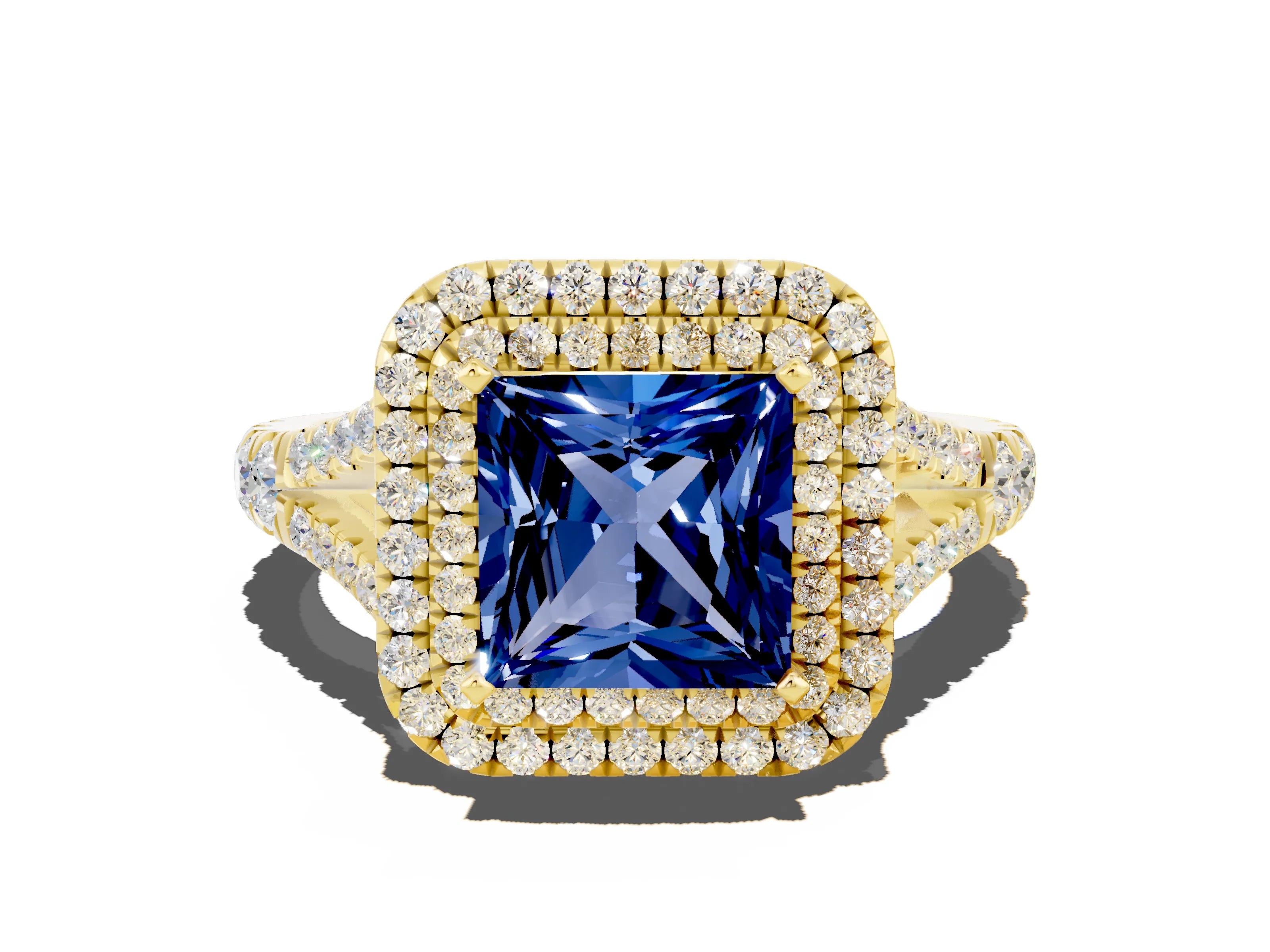Yellow gold Princess Cut Blue Sapphire Double Halo Ring with Split Shank and Prong Setting_12