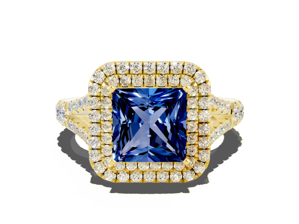 Yellow gold Princess Cut Blue Sapphire Double Halo Ring with Split Shank and Prong Setting