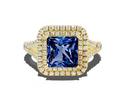 Yellow gold Princess Cut Blue Sapphire Double Halo Ring with Split Shank and Prong Setting_12
