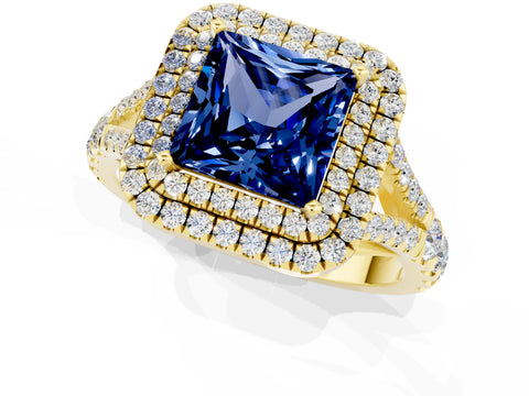 Yellow gold Princess Cut Blue Sapphire Double Halo Ring with Split Shank and Prong Setting_13