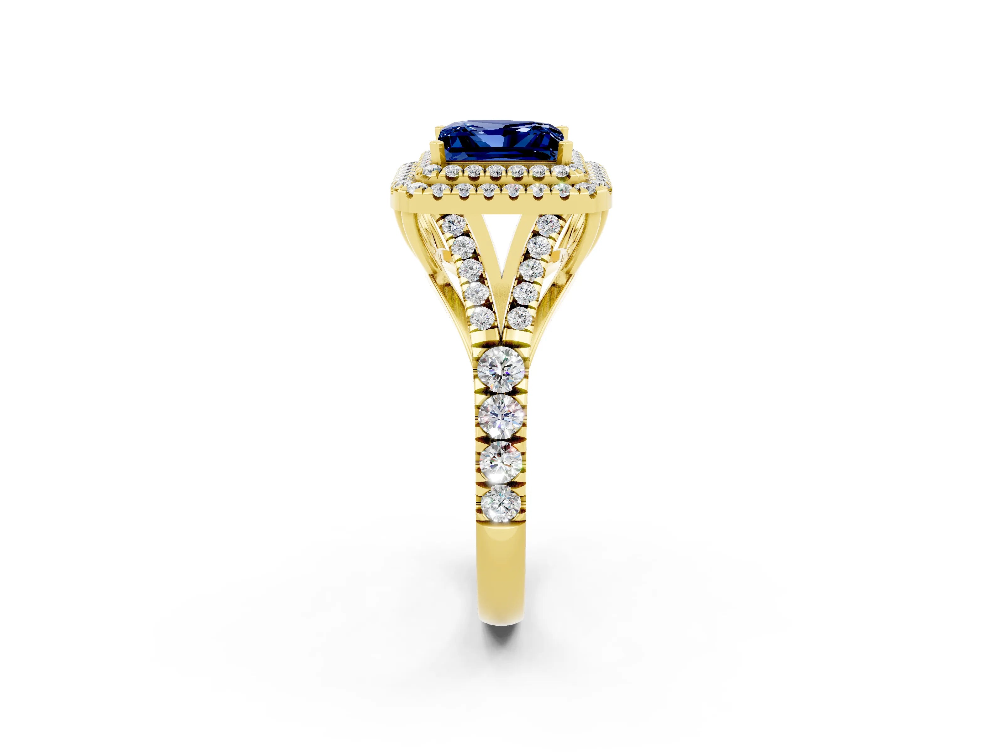 Yellow gold Princess Cut Blue Sapphire Double Halo Ring with Split Shank and Prong Setting_14
