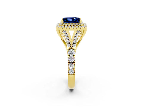 Yellow gold Princess Cut Blue Sapphire Double Halo Ring with Split Shank and Prong Setting_14
