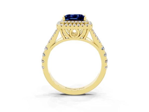 Yellow gold Princess Cut Blue Sapphire Double Halo Ring with Split Shank and Prong Setting