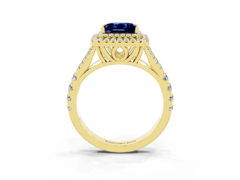 Yellow gold Princess Cut Blue Sapphire Double Halo Ring with Split Shank and Prong Setting_15