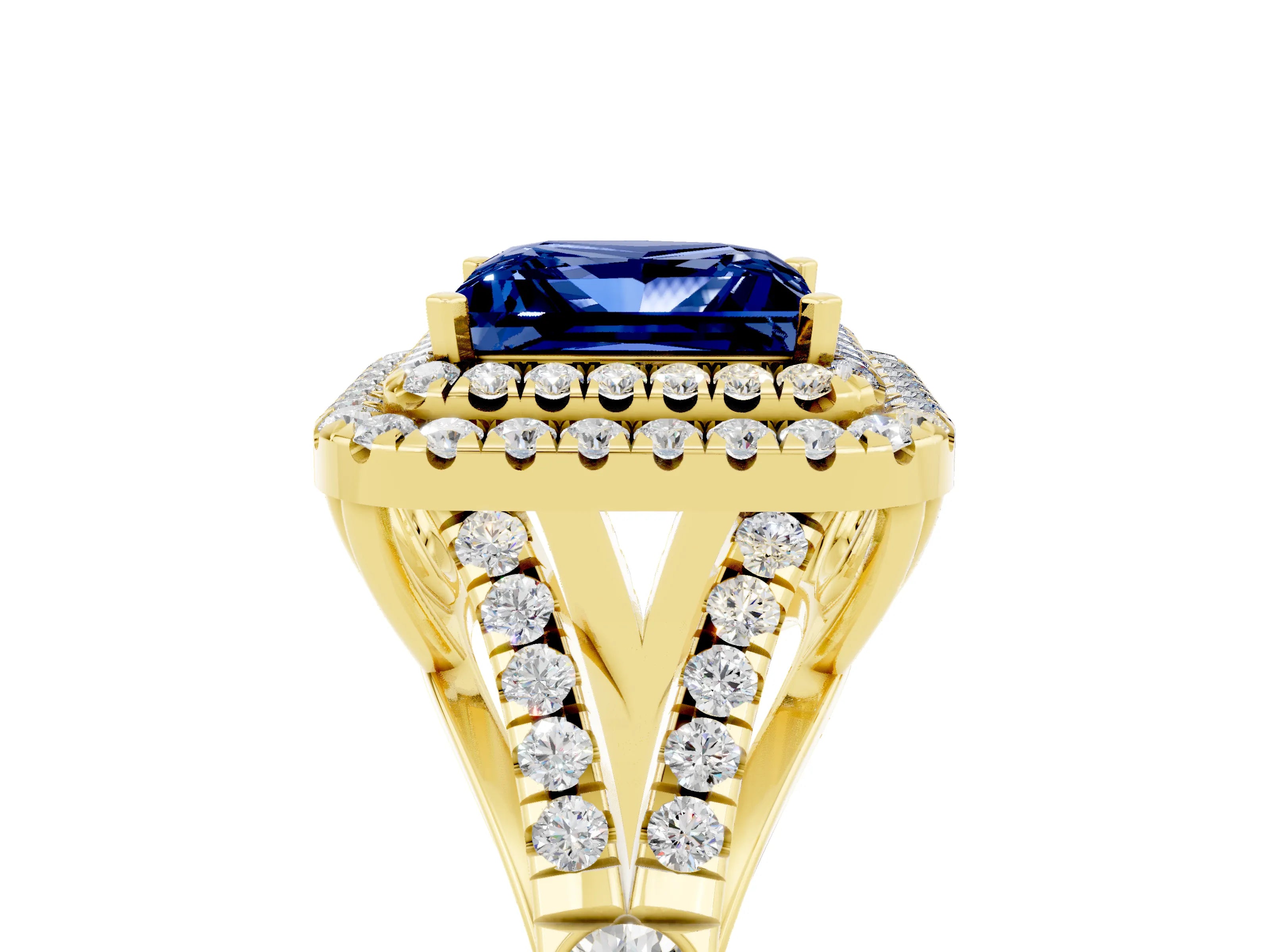 Yellow gold Princess Cut Blue Sapphire Double Halo Ring with Split Shank and Prong Setting_17