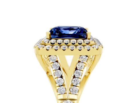 Yellow gold Princess Cut Blue Sapphire Double Halo Ring with Split Shank and Prong Setting_17