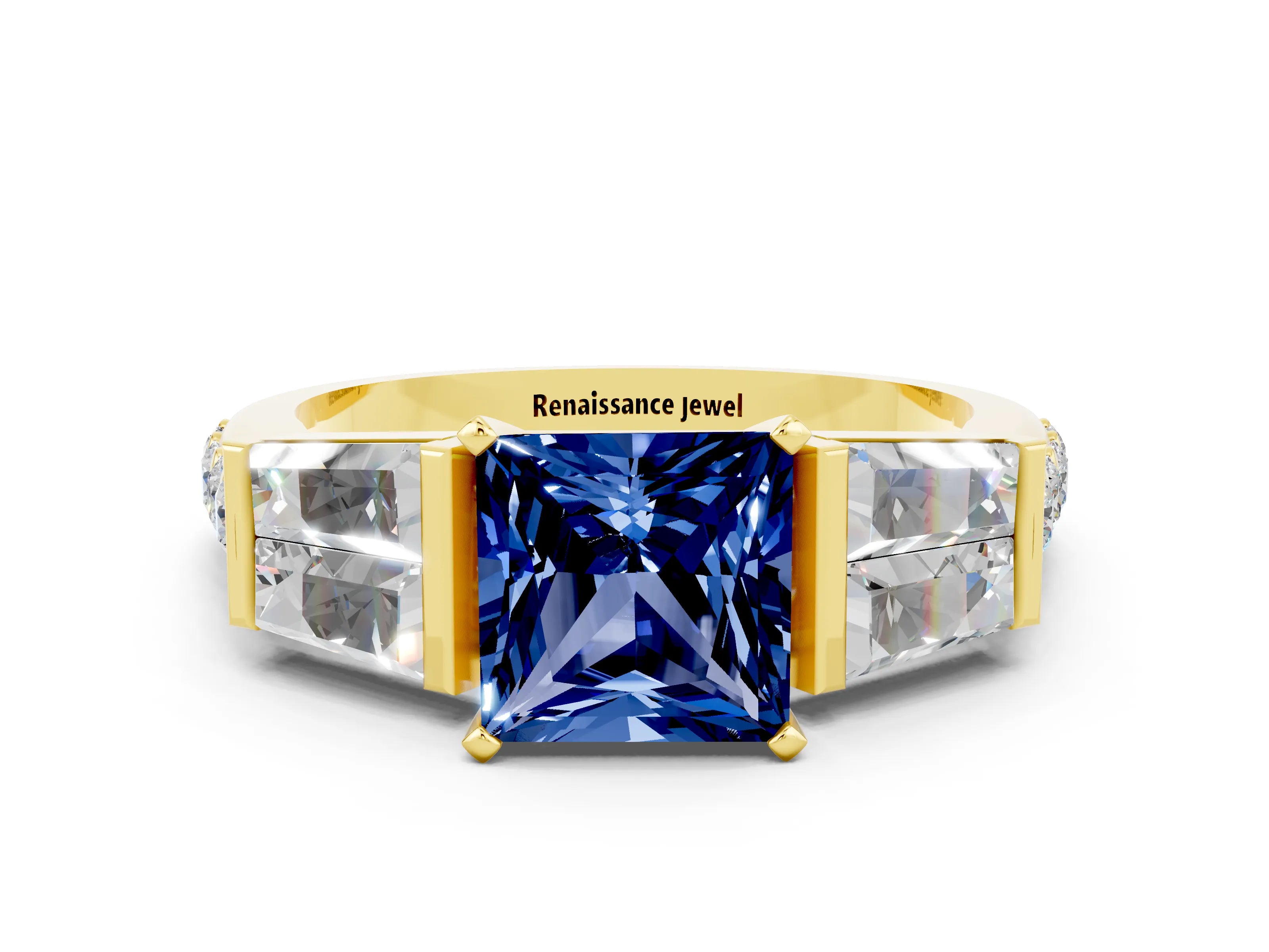 Yellow gold Princess Cut Blue Sapphire Engagement Ring with Baguette Side Stones and Channel Set Band