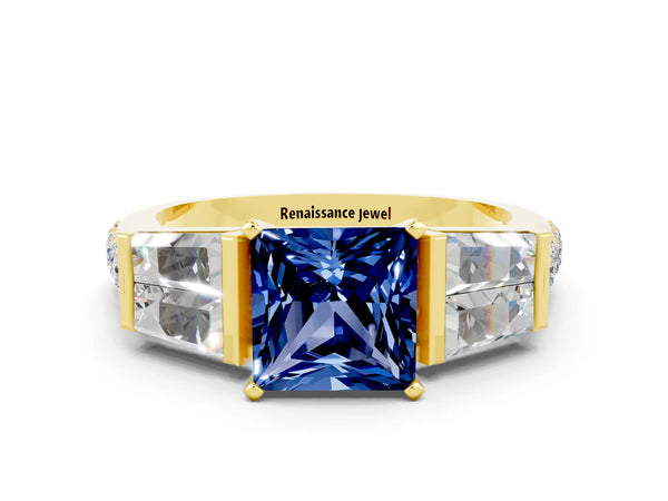 Yellow gold Princess Cut Blue Sapphire Engagement Ring with Baguette Side Stones and Channel Set Band