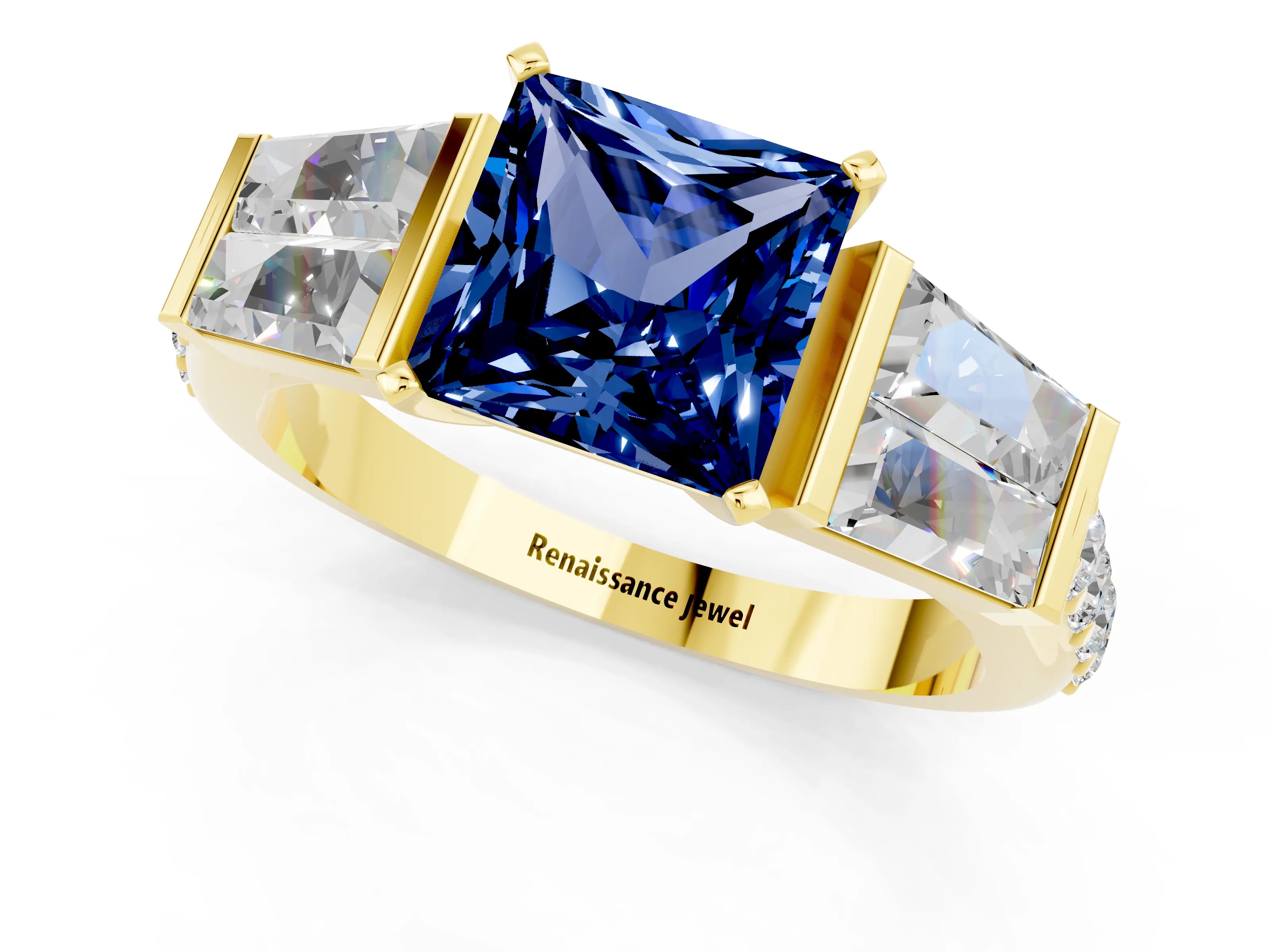 Yellow gold Princess Cut Blue Sapphire Engagement Ring with Baguette Side Stones and Channel Set Band_1