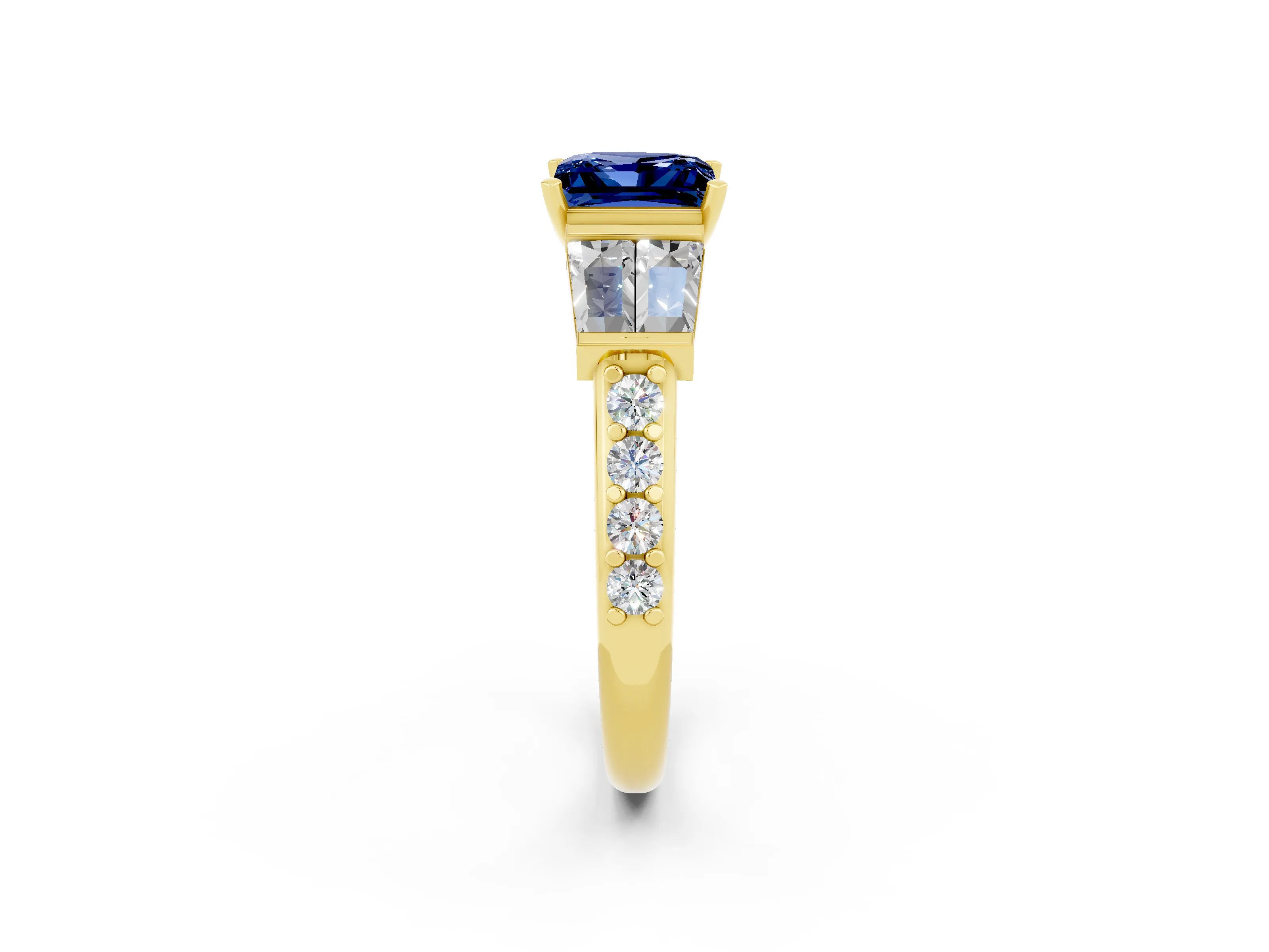 Yellow gold Princess Cut Blue Sapphire Engagement Ring with Baguette Side Stones and Channel Set Band_2