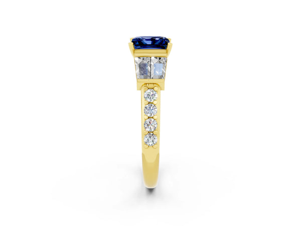Yellow gold Princess Cut Blue Sapphire Engagement Ring with Baguette Side Stones and Channel Set Band