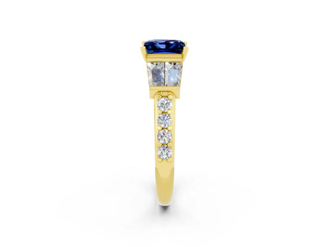 Yellow gold Princess Cut Blue Sapphire Engagement Ring with Baguette Side Stones and Channel Set Band_2