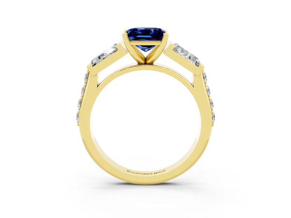 Yellow gold Princess Cut Blue Sapphire Engagement Ring with Baguette Side Stones and Channel Set Band