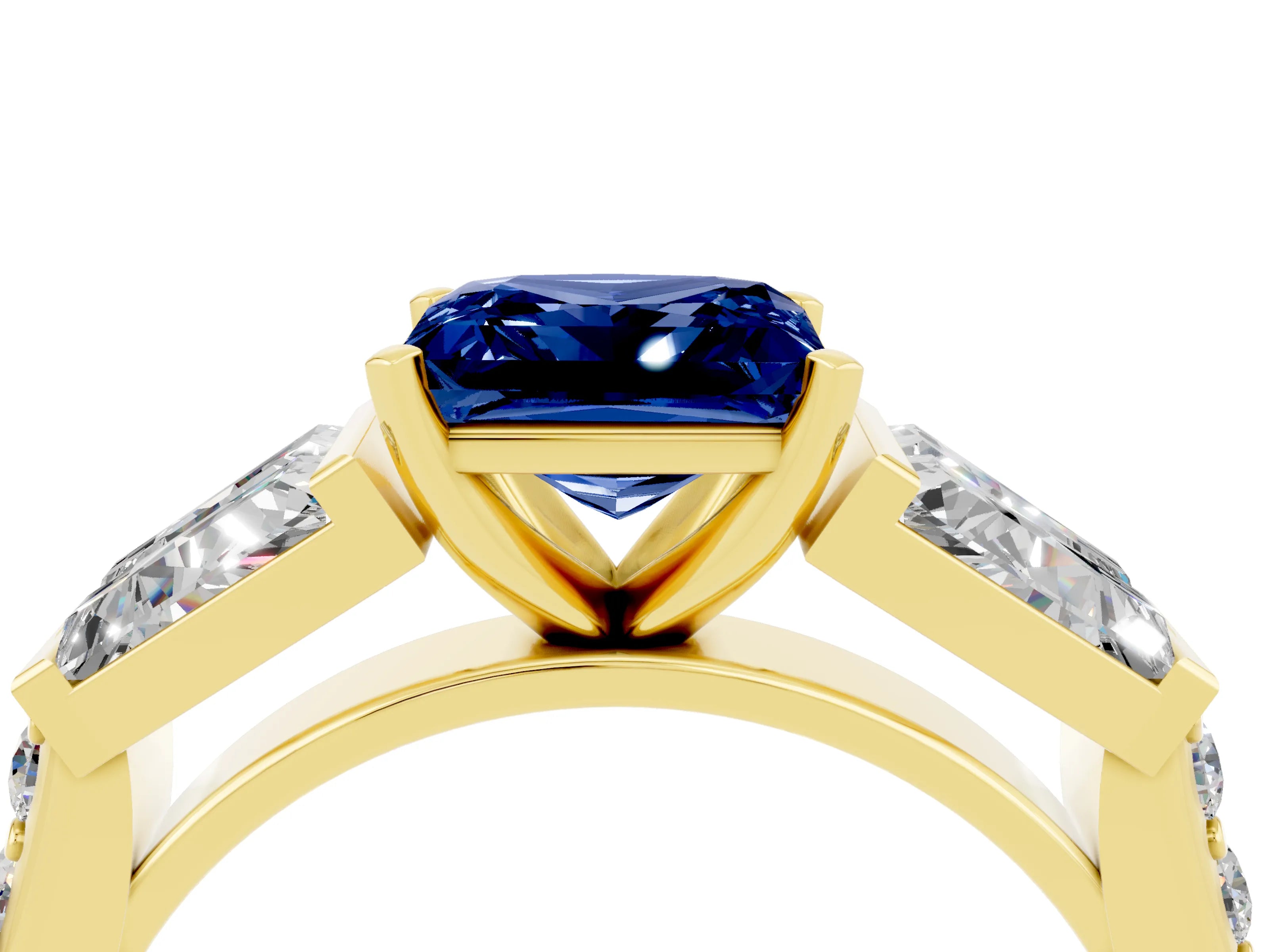 Yellow gold Princess Cut Blue Sapphire Engagement Ring with Baguette Side Stones and Channel Set Band_4