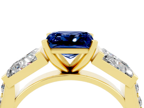 Yellow gold Princess Cut Blue Sapphire Engagement Ring with Baguette Side Stones and Channel Set Band_4