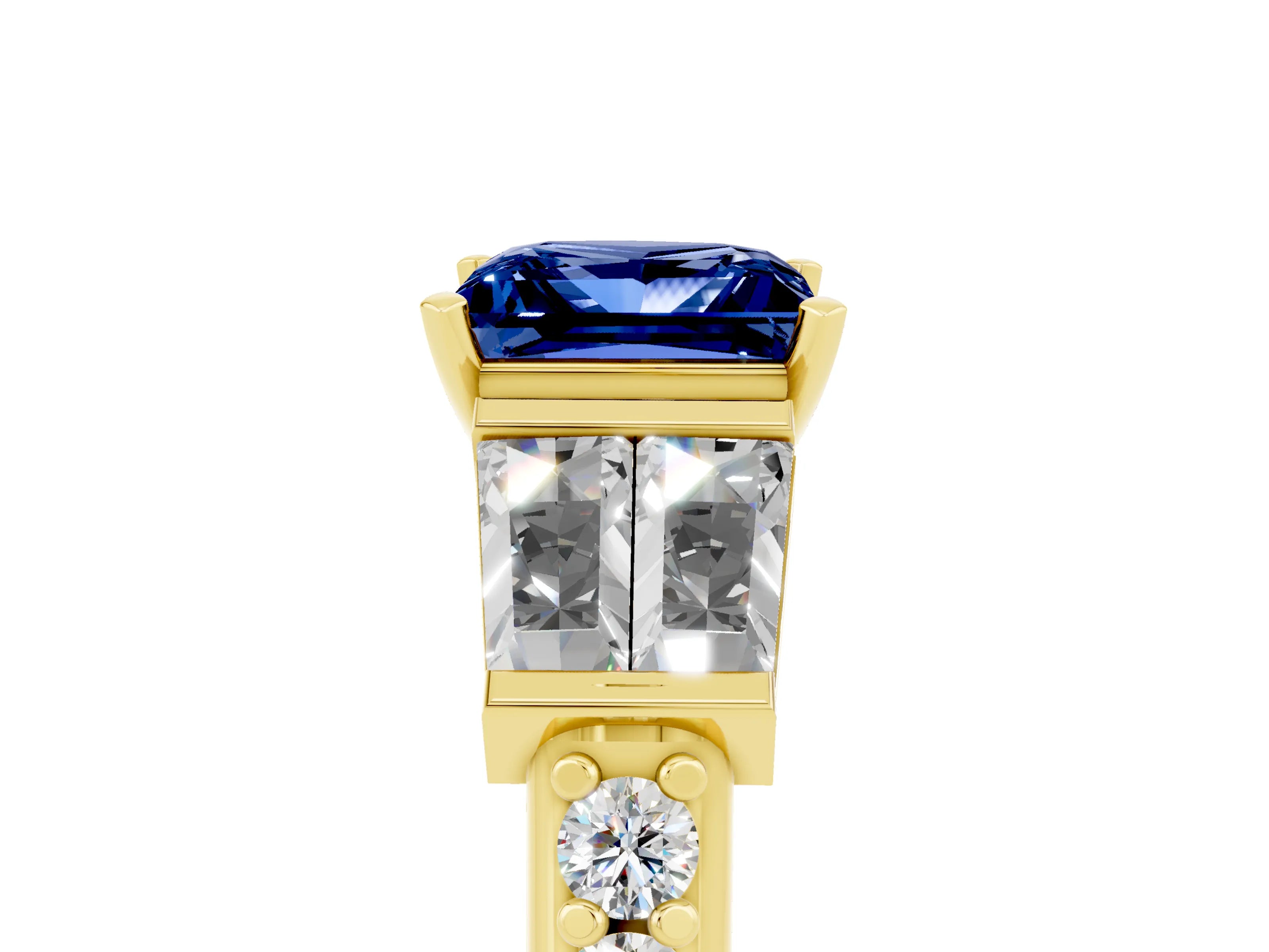 Yellow gold Princess Cut Blue Sapphire Engagement Ring with Baguette Side Stones and Channel Set Band_5
