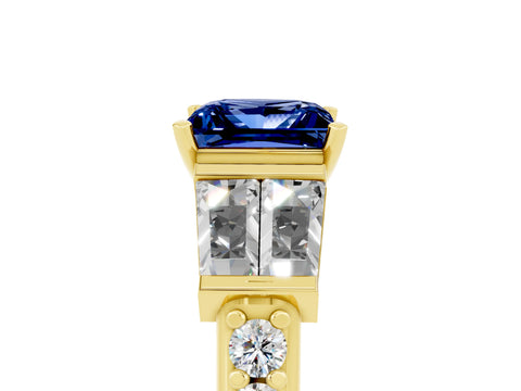 Yellow gold Princess Cut Blue Sapphire Engagement Ring with Baguette Side Stones and Channel Set Band_5