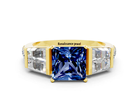 Yellow gold Princess Cut Blue Sapphire Engagement Ring with Baguette Side Stones and Channel Set Band