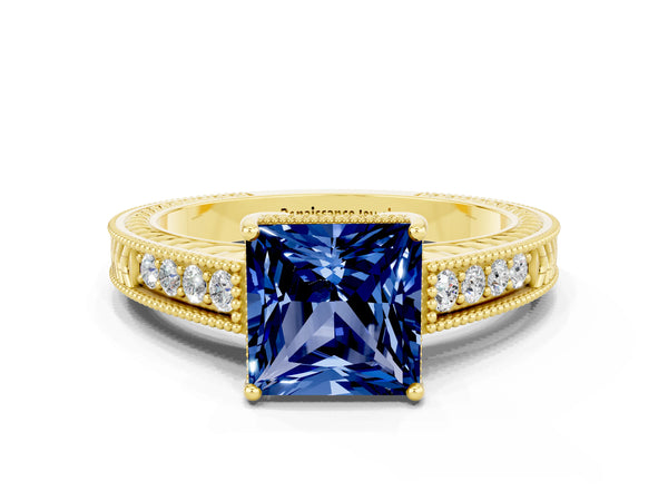 Yellow gold Princess Cut Blue Sapphire Engagement Ring with Milgrain Channel Set Band and Prong Setting