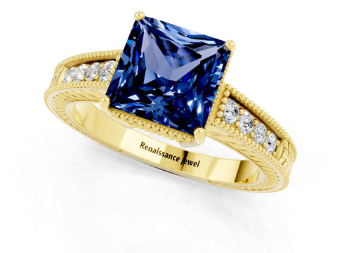 Yellow gold Princess Cut Blue Sapphire Engagement Ring with Milgrain Channel Set Band and Prong Setting_1