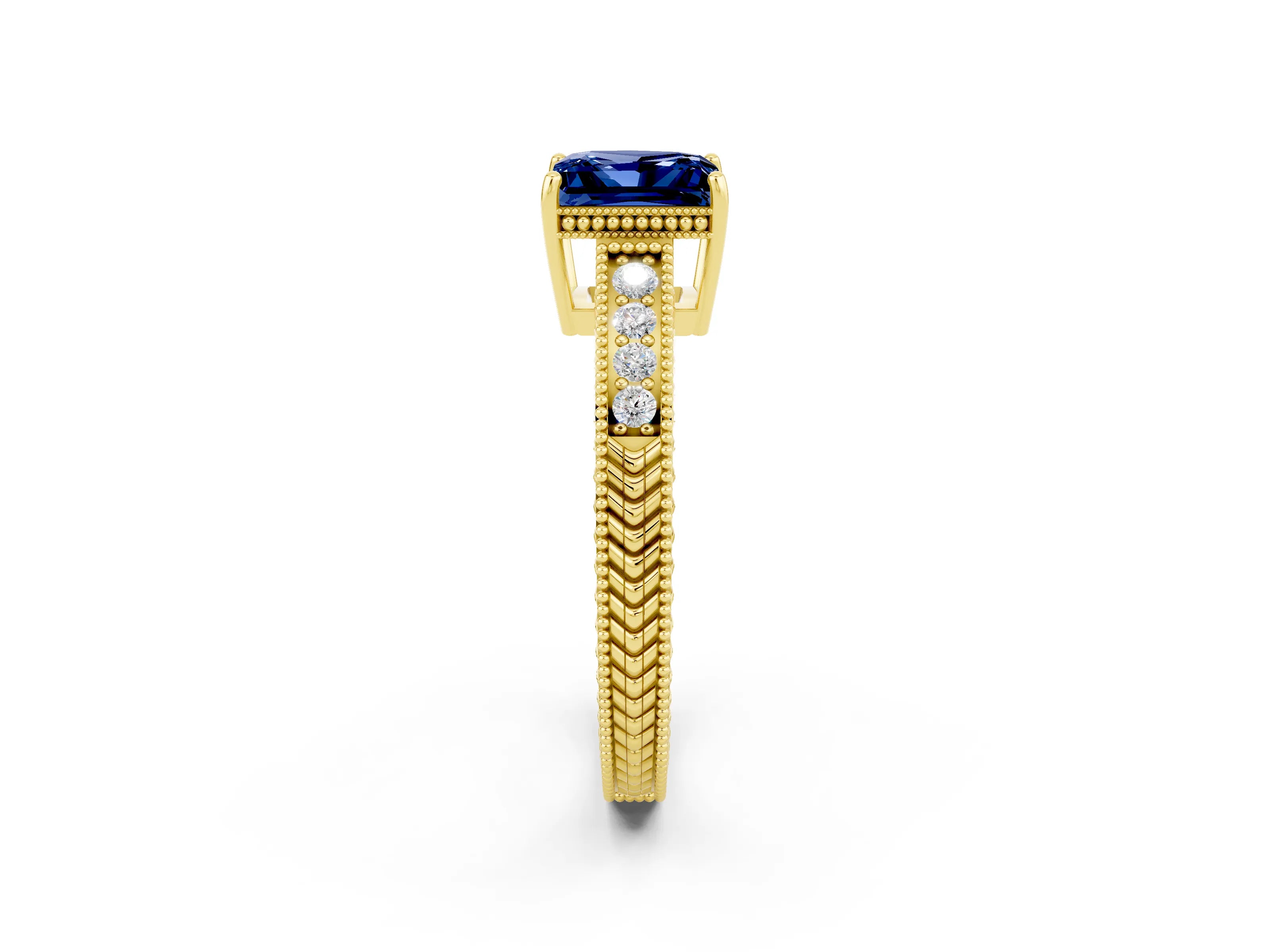 Yellow gold Princess Cut Blue Sapphire Engagement Ring with Milgrain Channel Set Band and Prong Setting_2