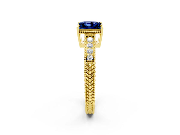Yellow gold Princess Cut Blue Sapphire Engagement Ring with Milgrain Channel Set Band and Prong Setting
