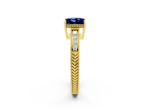 Yellow gold Princess Cut Blue Sapphire Engagement Ring with Milgrain Channel Set Band and Prong Setting_2