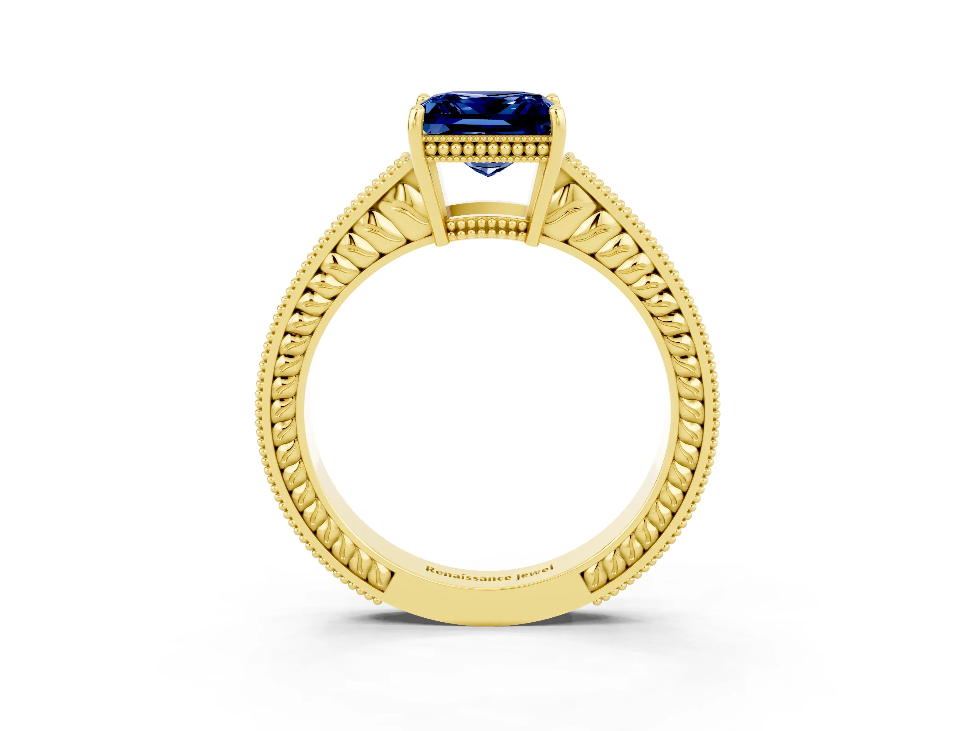 Yellow gold Princess Cut Blue Sapphire Engagement Ring with Milgrain Channel Set Band and Prong Setting_3