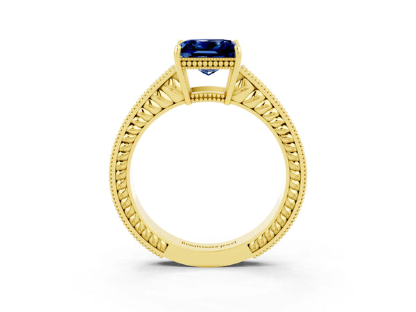 Yellow gold Princess Cut Blue Sapphire Engagement Ring with Milgrain Channel Set Band and Prong Setting
